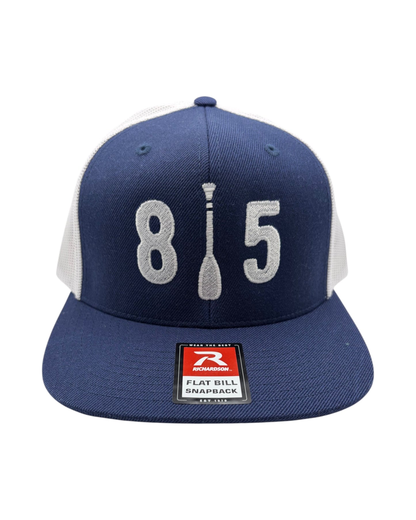 Blink Supply Co 815 flatbill paddle cap in blue with white mesh back and embroidered area code design