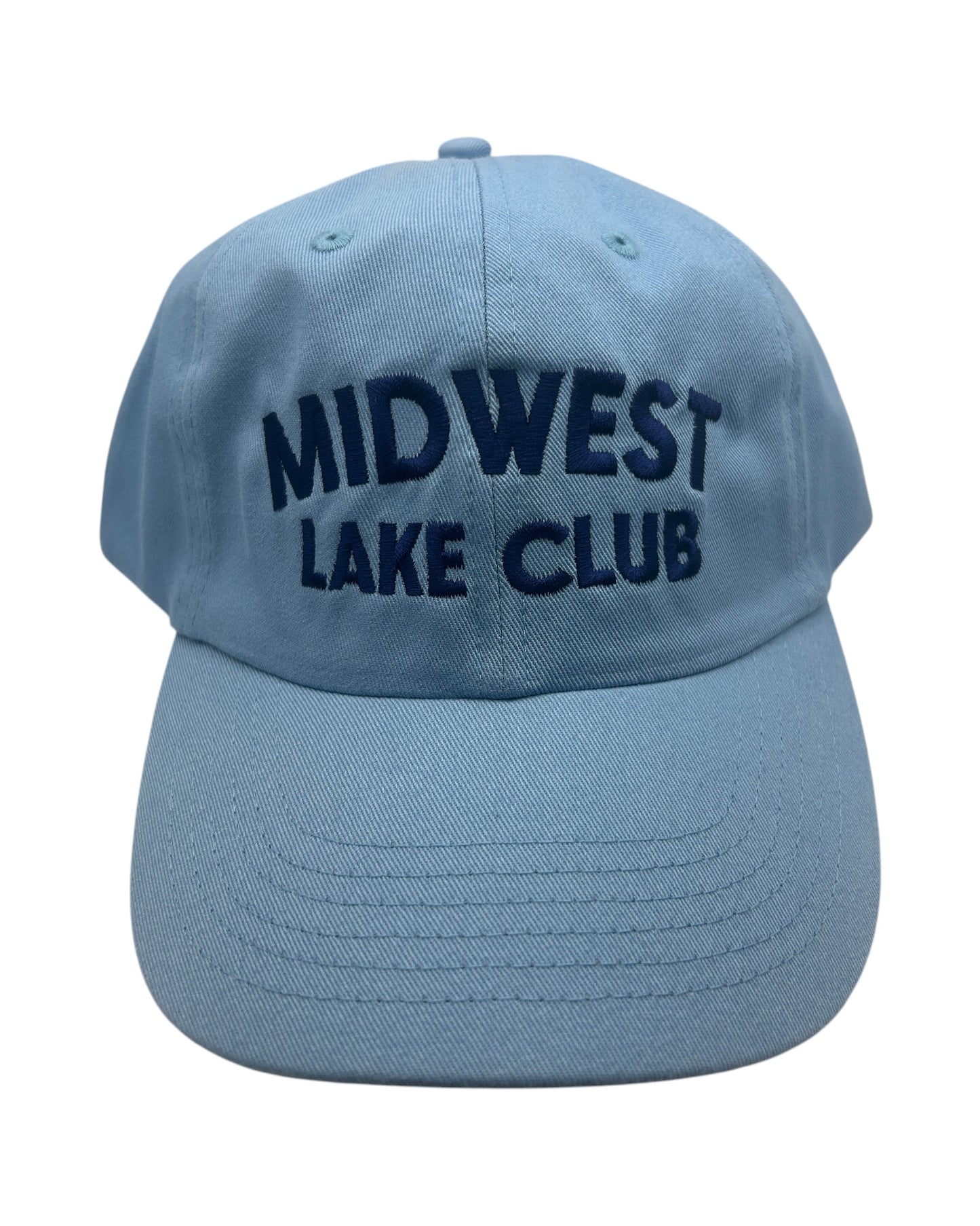 Blink Supply Co. Carolina blue unstructured dad hat with embroidered "MIDWEST LAKE CLUB" text in navy.