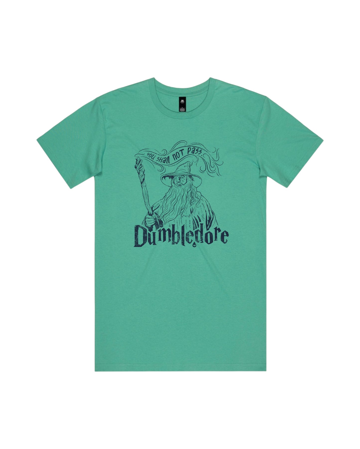 Blink Supply Co. green cotton t-shirt with a Dumbledore graphic print and the text "You Shall Not Pass".