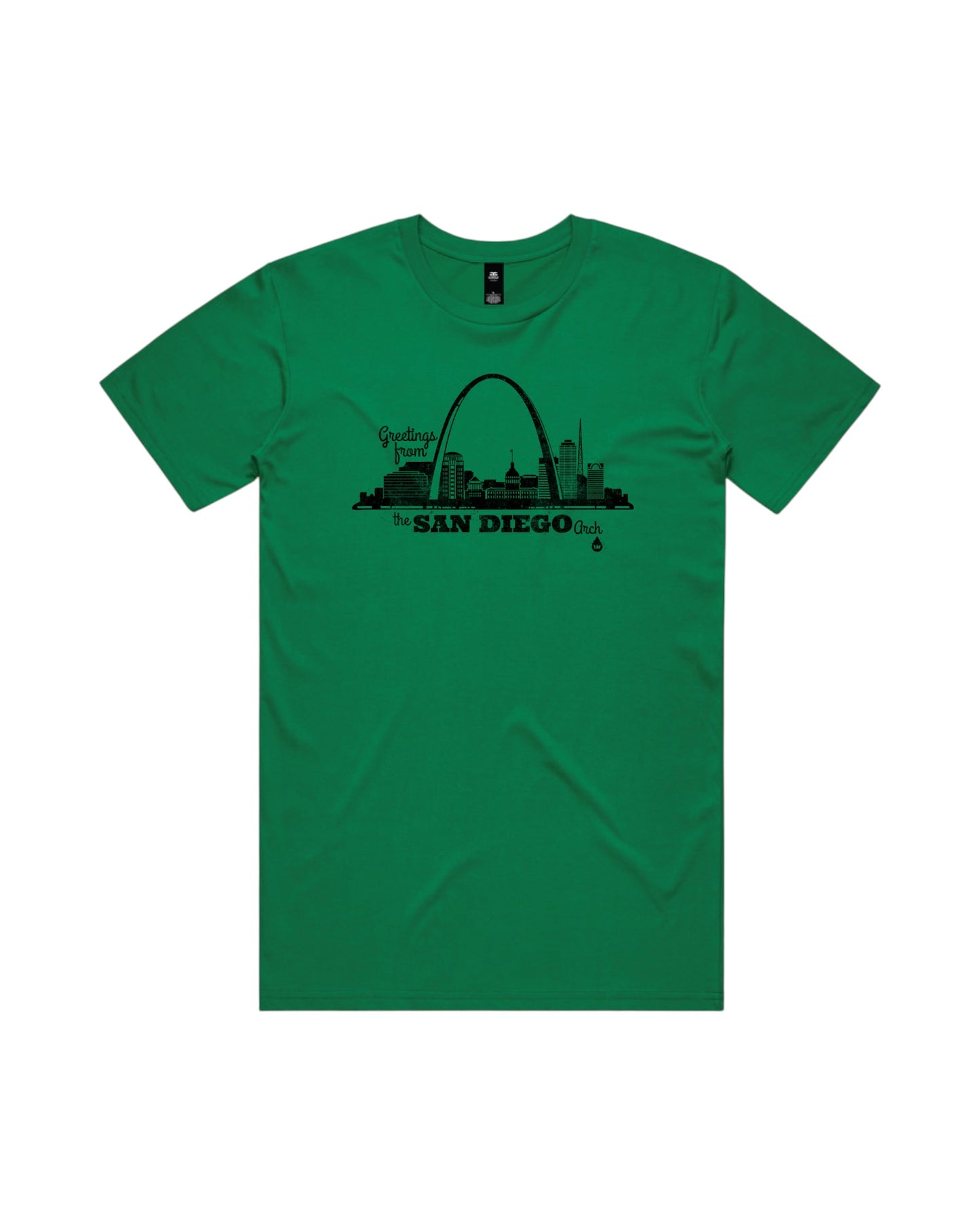 Blink Supply Co. green cotton t-shirt with a black graphic print of the San Diego Arch skyline and text.