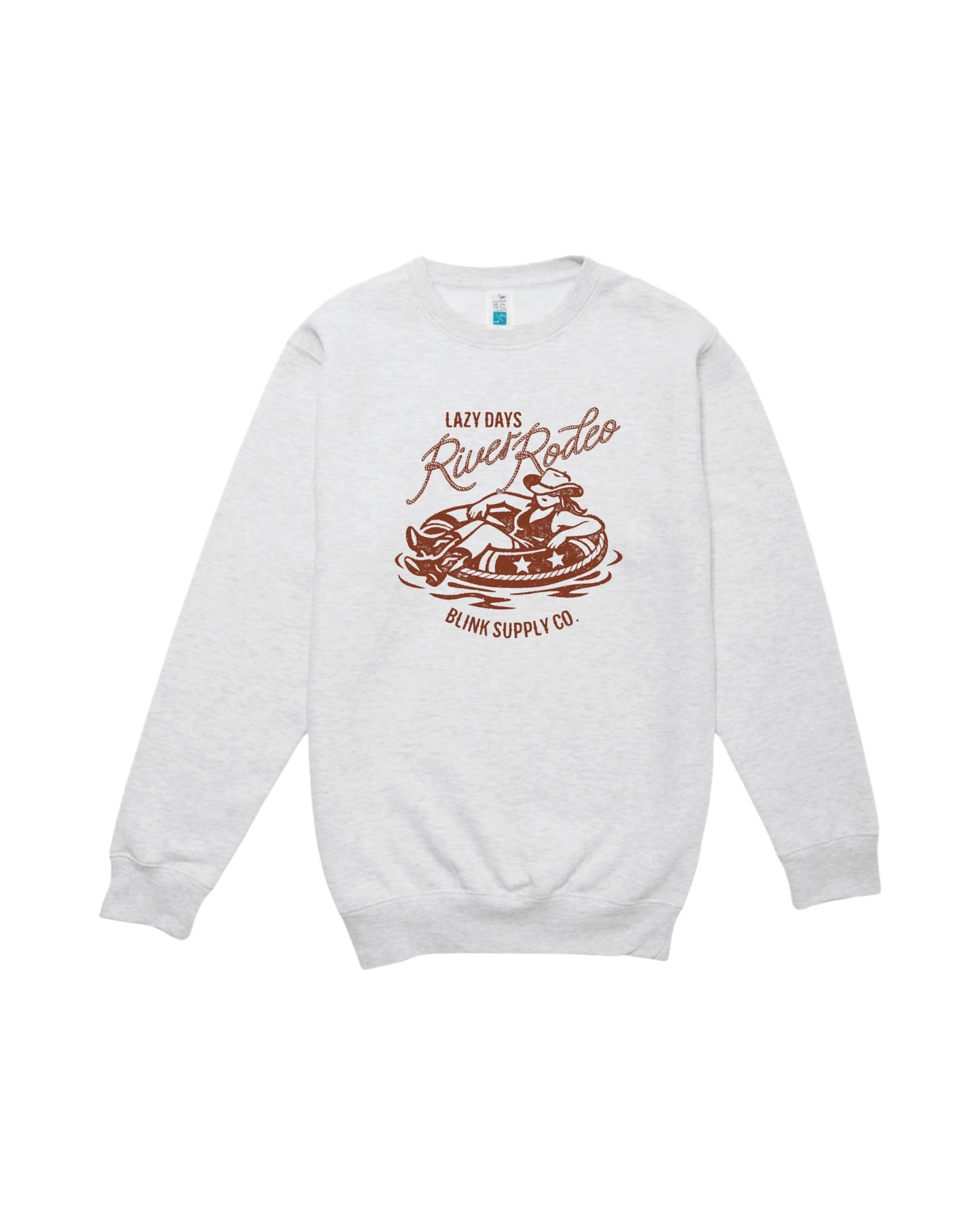 Blink Supply Co. oatmeal heather crewneck sweatshirt with a vintage-style graphic of a person in a cowboy hat tubing down a river.