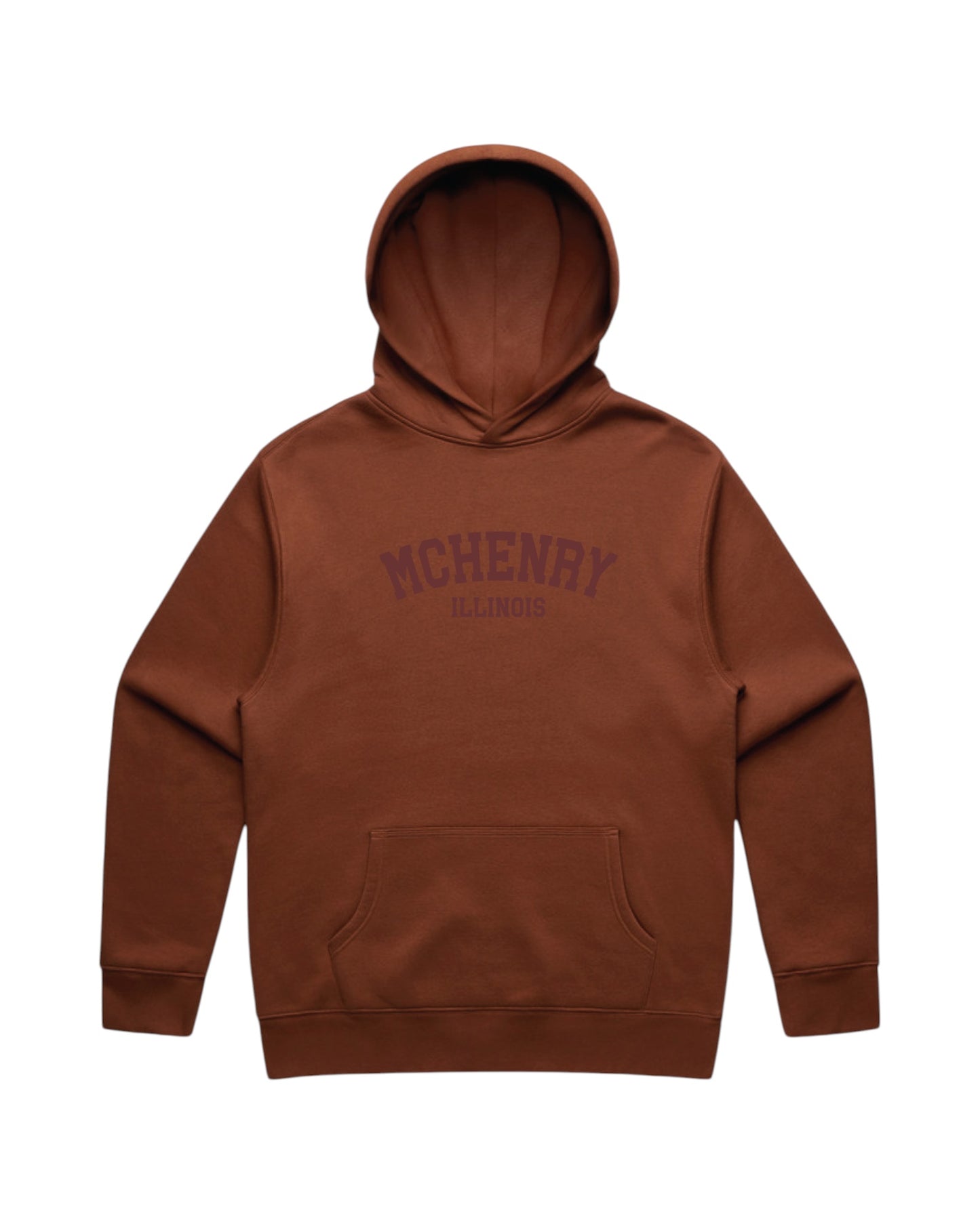 Blink Supply Co. clay brown cotton hoodie with embroidered "MCHENRY ILLINOIS" text on the chest. Relaxed fit, unisex, with a front kangaroo pocket.
