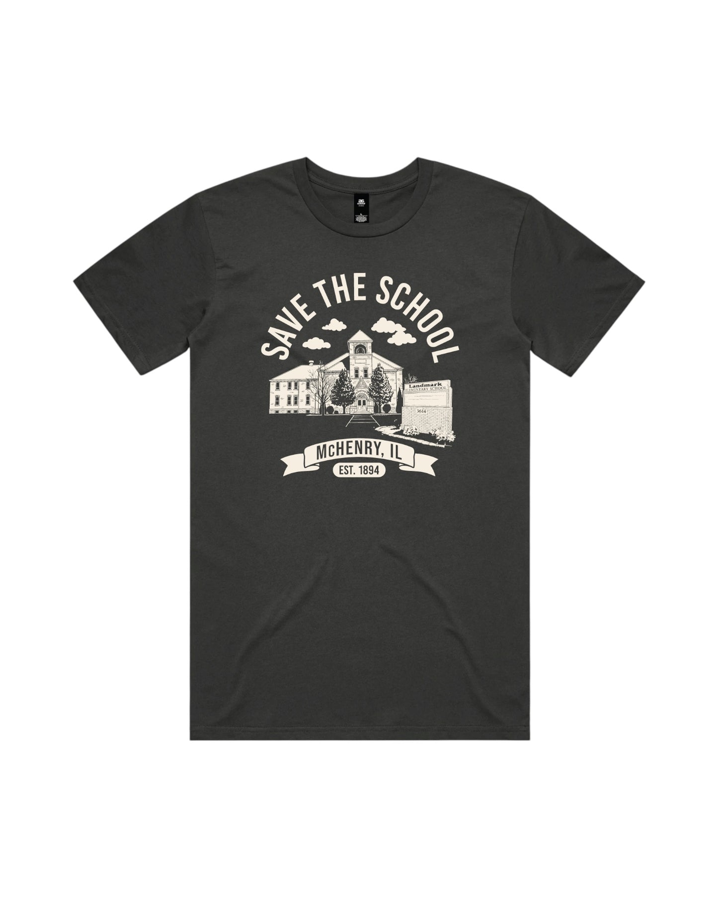 Blink Supply Co. charcoal grey cotton t-shirt with "Save the School" graphic and "McHenry, IL Est. 1894" text.