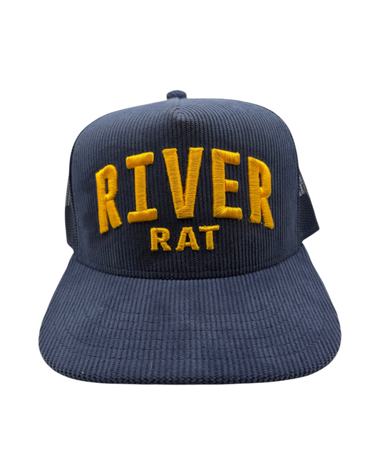Blink Supply Co River Rat hat in navy corduroy with yellow embroidered text and mesh back panel