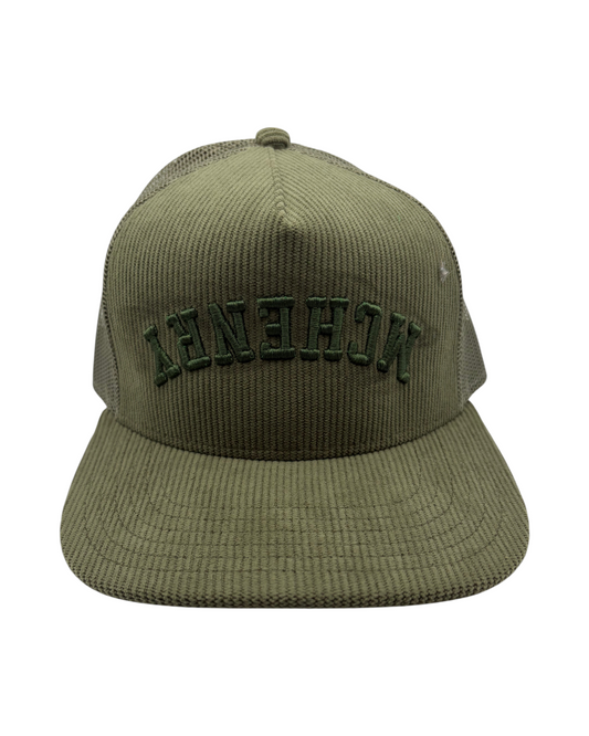 Blink Supply Co olive green corduroy trucker hat with upside down McHenry embroidery on the front panel