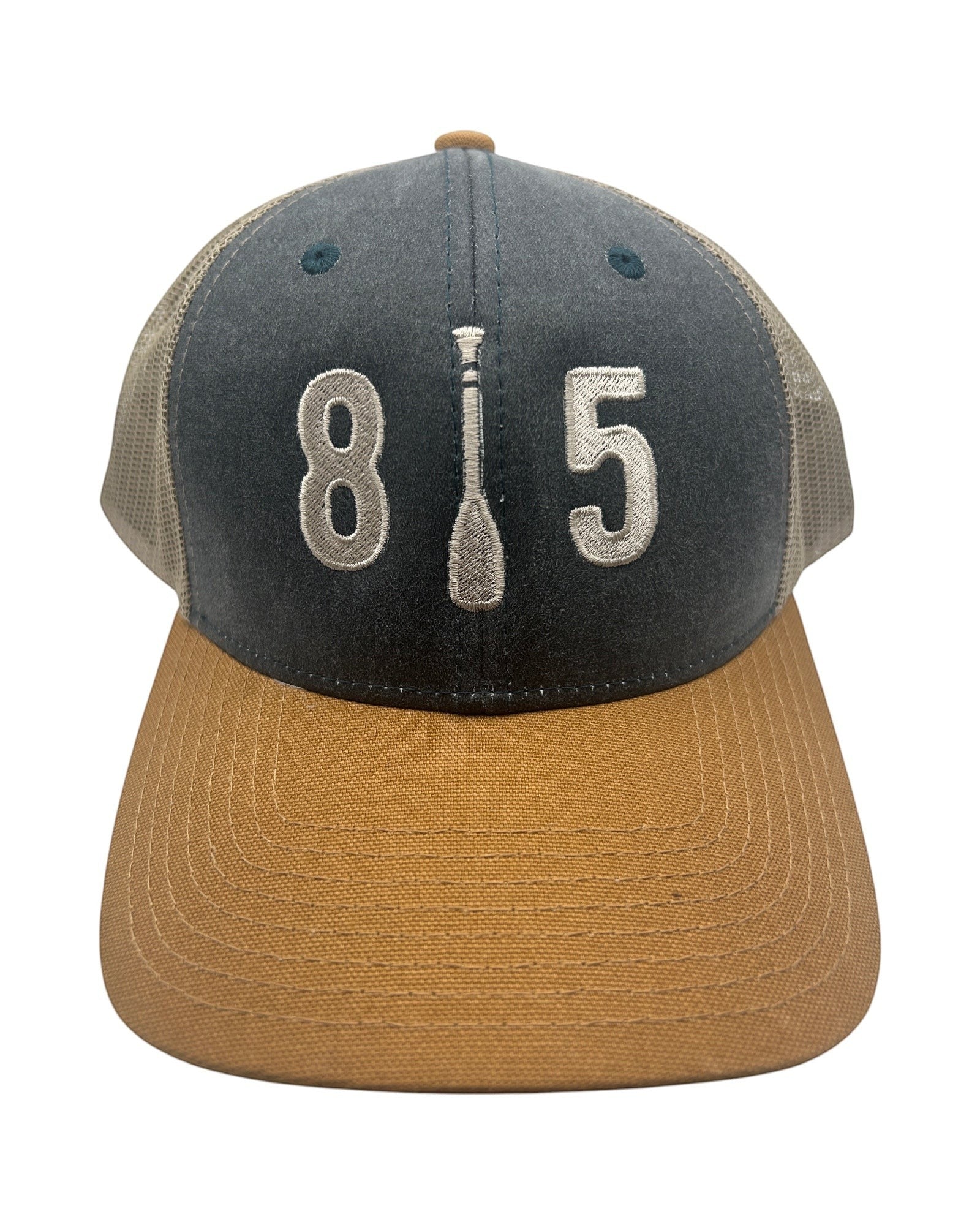 Blink Supply Co 815 Paddle Cap in navy, tan, and grey with embroidered 815 logo and paddle detail. Trucker style with mesh back.