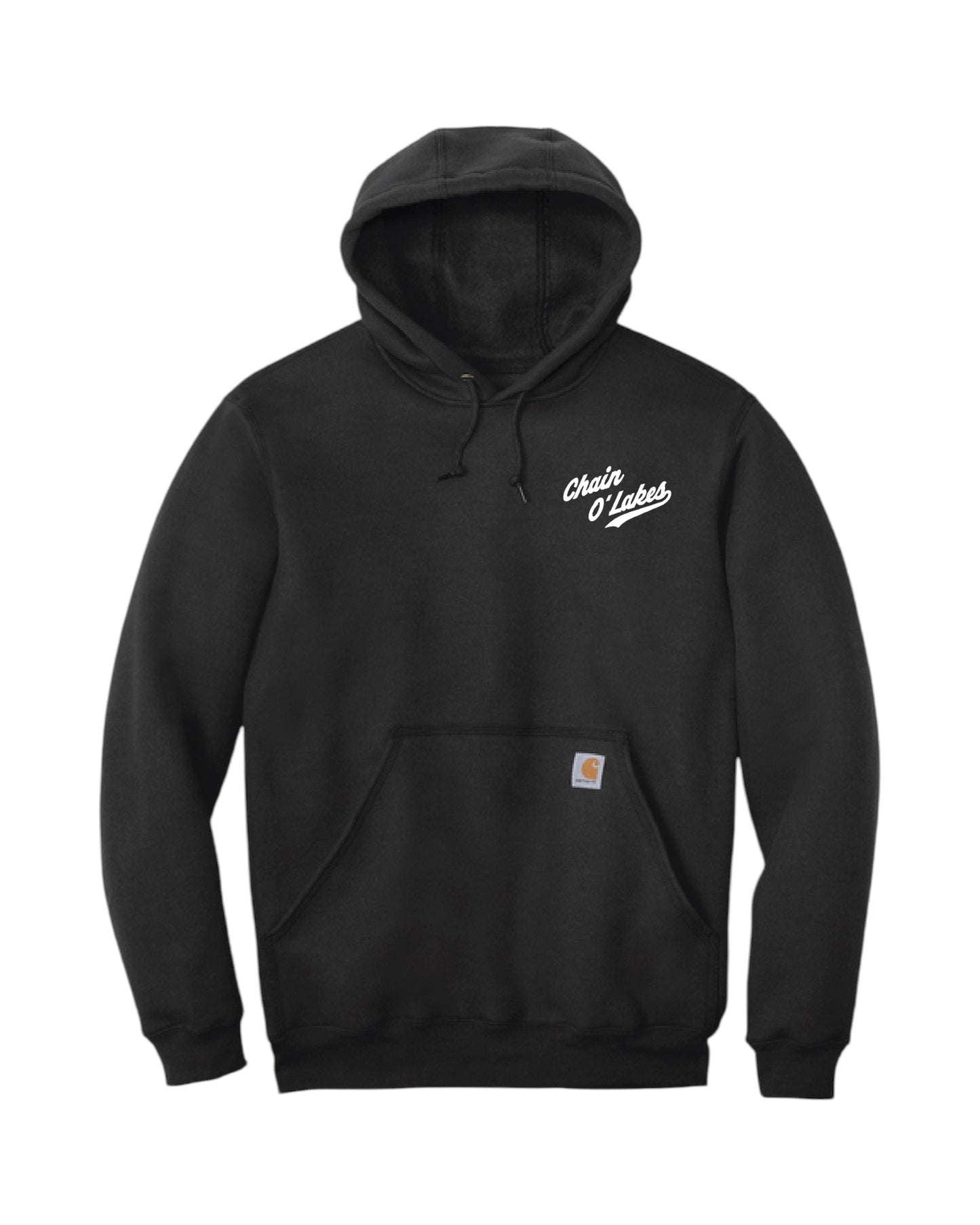 Blink Supply Co. black Carhartt mid-weight hoodie with white Chain O' Lakes graphic on chest and kangaroo pocket.