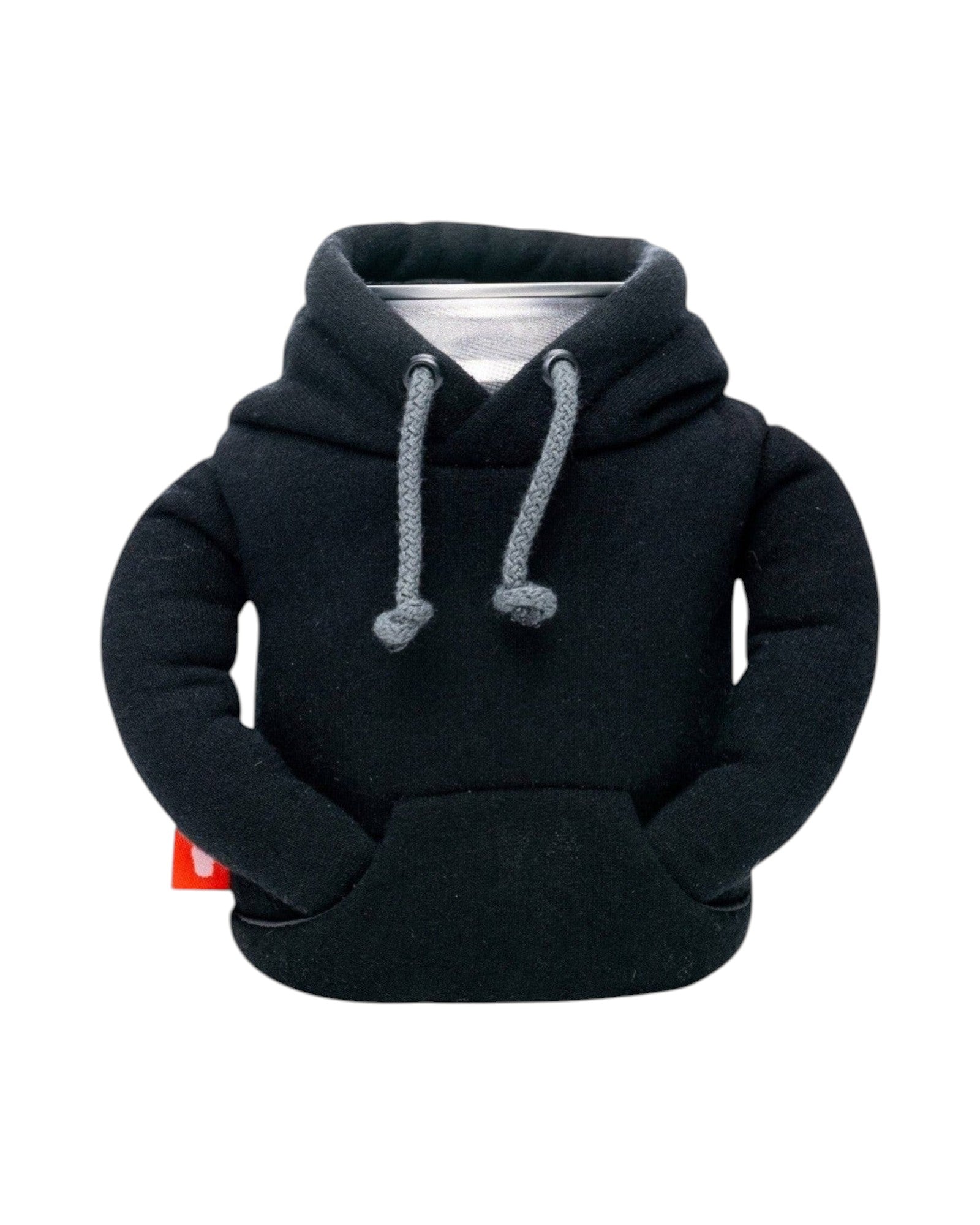 Blink Supply Co black hoodie can cooler with grey drawstrings and a front pocket. Insulates 12oz and 16oz cans.