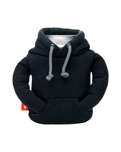 Blink Supply Co black hoodie can cooler with grey drawstrings and a front pocket. Insulates 12oz and 16oz cans.