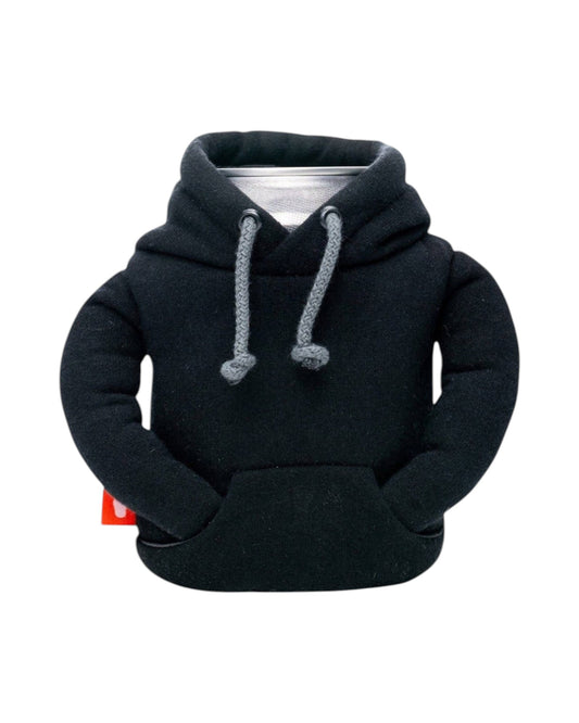 Blink Supply Co black hoodie can cooler with grey drawstrings and a front pocket. Insulates 12oz and 16oz cans.