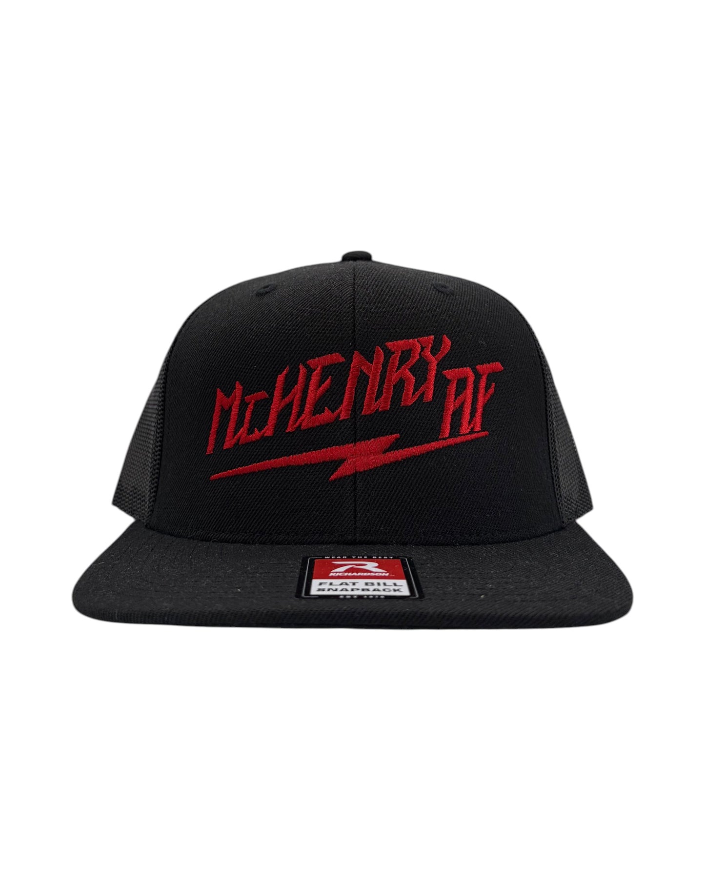 Blink Supply Co black trucker cap with red embroidered "McHenry AF" and lightning bolt graphic. Features a flat bill and snapback closure.