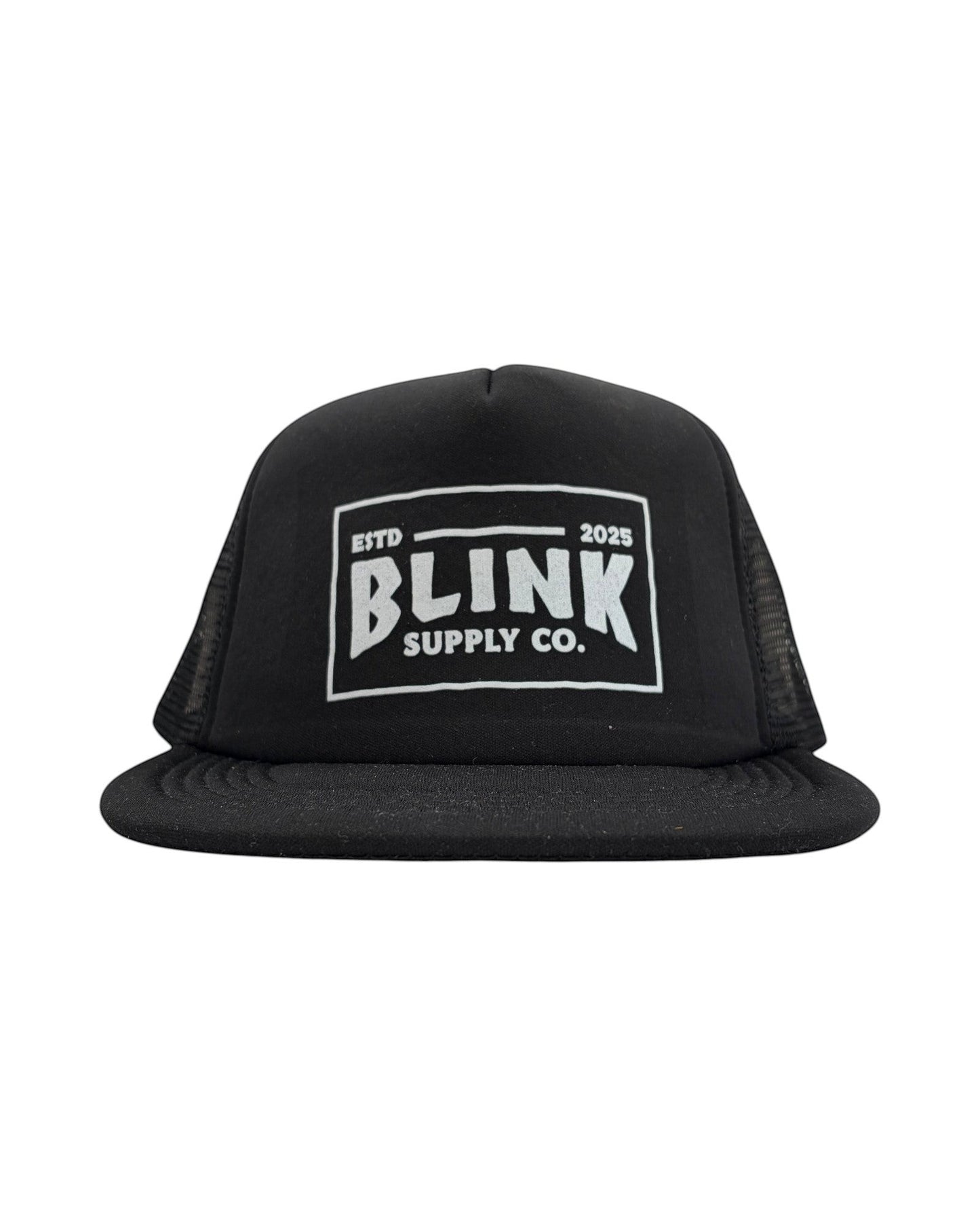 Blink Supply Co black six-panel low-profile trucker hat with a white Inktra logo print and adjustable snapback.