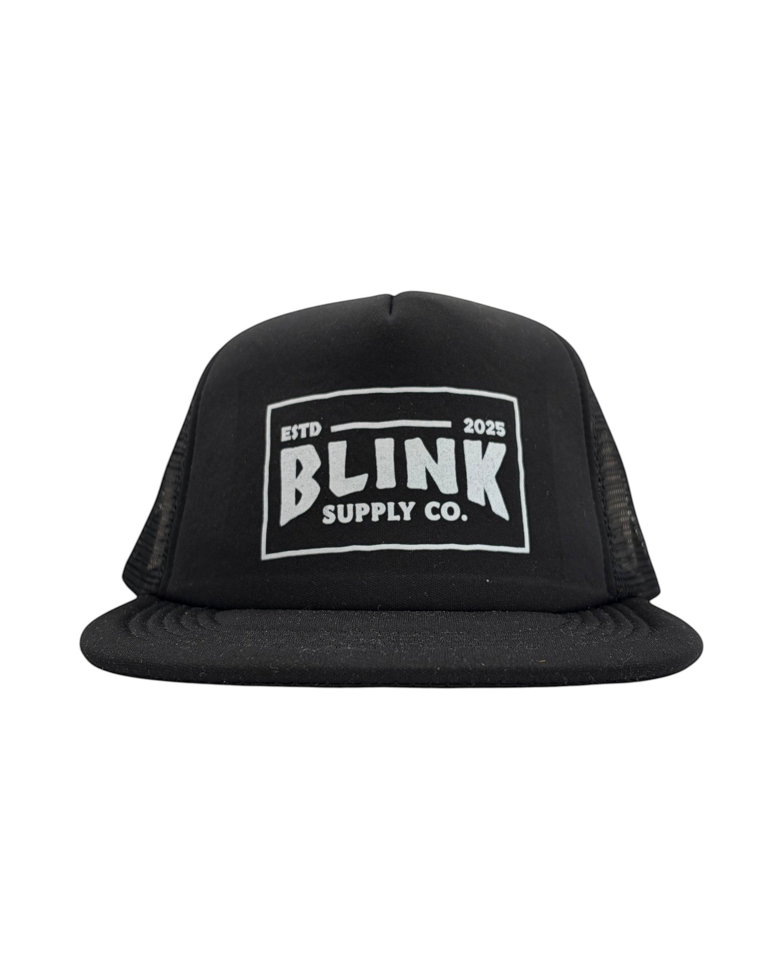 Blink Supply Co black six-panel low-profile trucker hat with a white Inktra logo print and adjustable snapback.