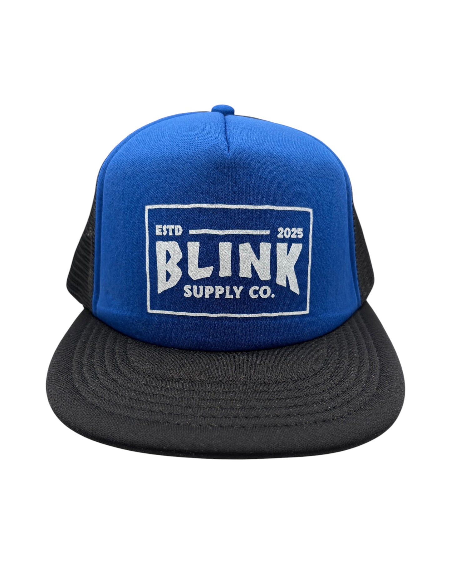 Blink Supply Co blue and black six-panel trucker hat with white logo print and adjustable snapback closure