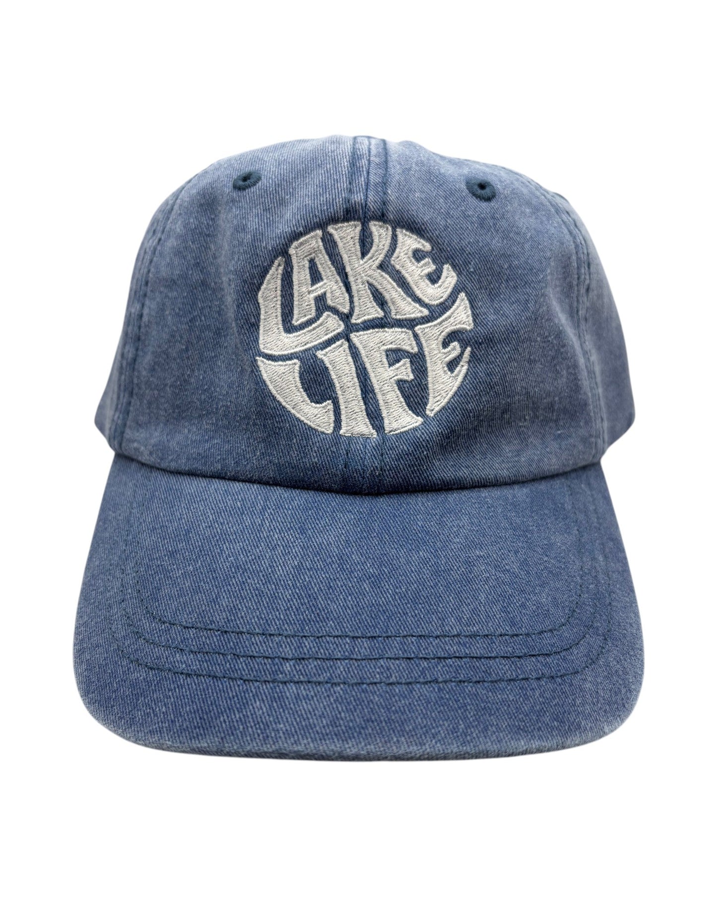 Blink Supply Co Lake Life dad hat in blue jean denim with white circular embroidered text on the front