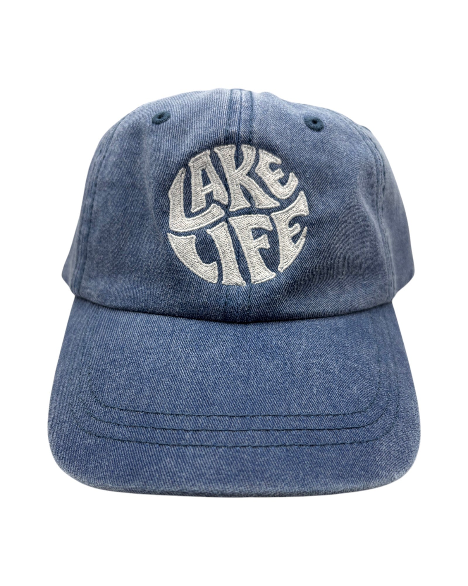 Blink Supply Co Lake Life dad hat in blue jean denim with white circular embroidered text on the front