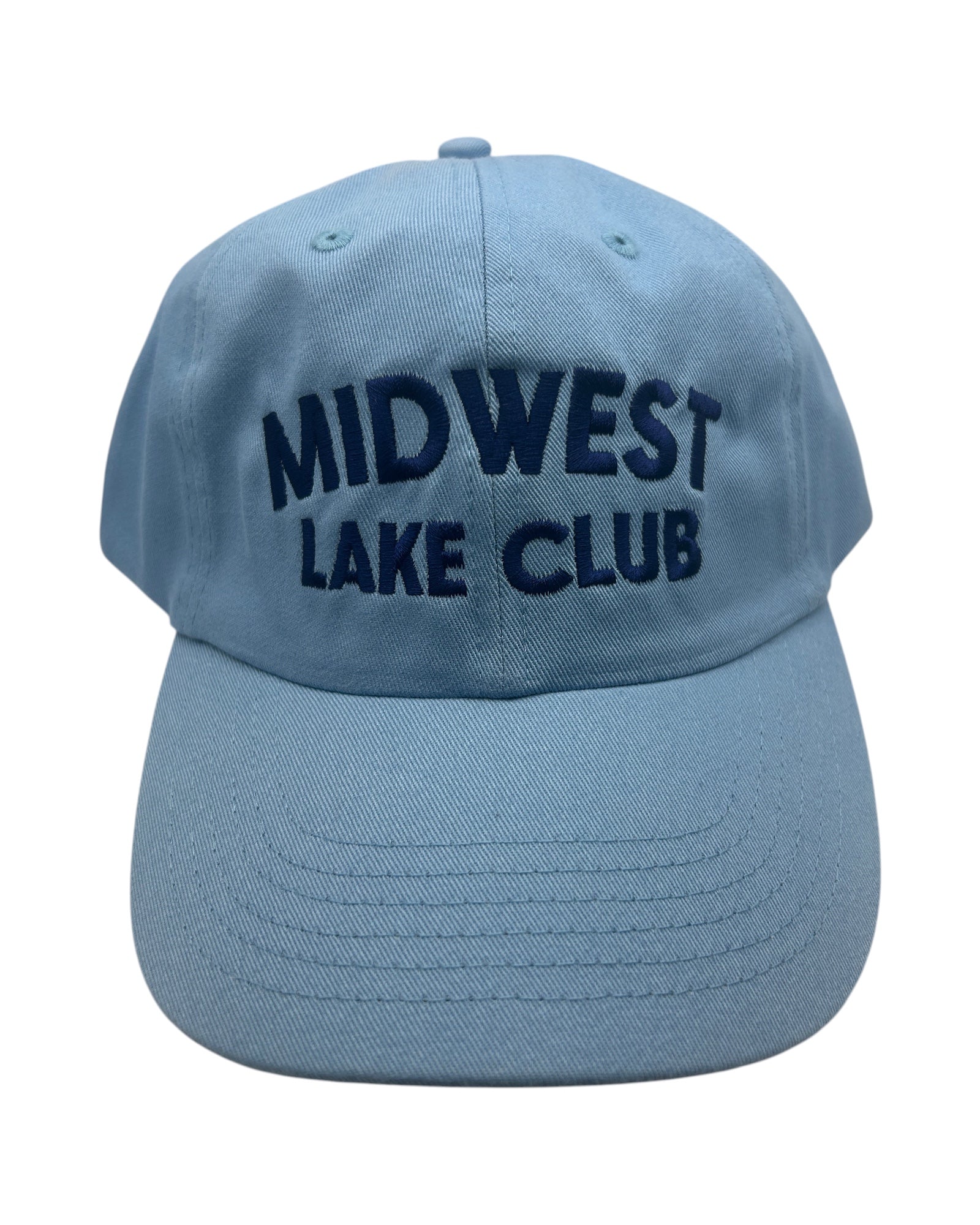 Blink Supply Co. Carolina blue unstructured dad hat with embroidered "MIDWEST LAKE CLUB" text in navy.