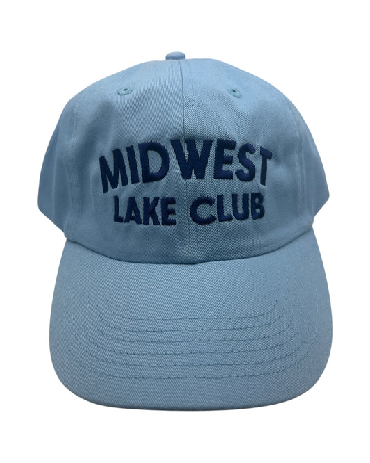 Blink Supply Co. Carolina blue unstructured dad hat with embroidered "MIDWEST LAKE CLUB" text in navy.