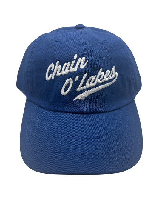 Blink Supply Co. royal blue unstructured dad hat with white embroidered "Chain O' Lakes" text and curved bill.