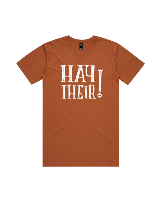 Blink Supply Co. copper cotton t-shirt with white 'Hay Their!' graphic print. Relaxed unisex fit.