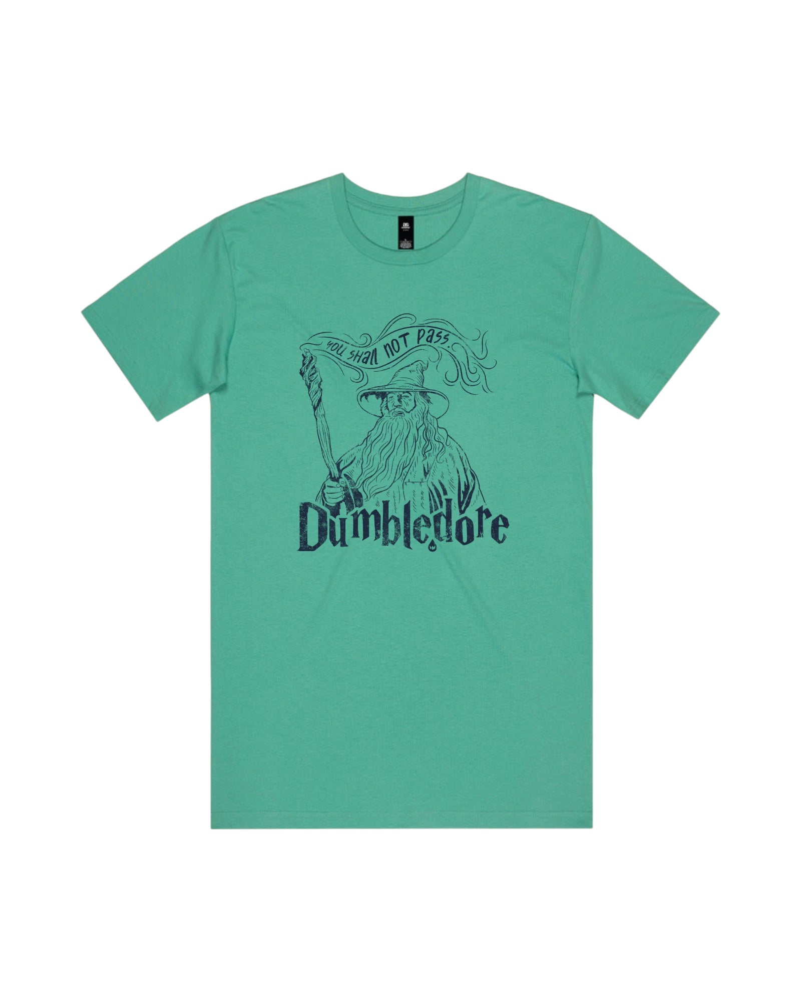 Blink Supply Co. green cotton t-shirt with a Dumbledore graphic print and the text "You Shall Not Pass".