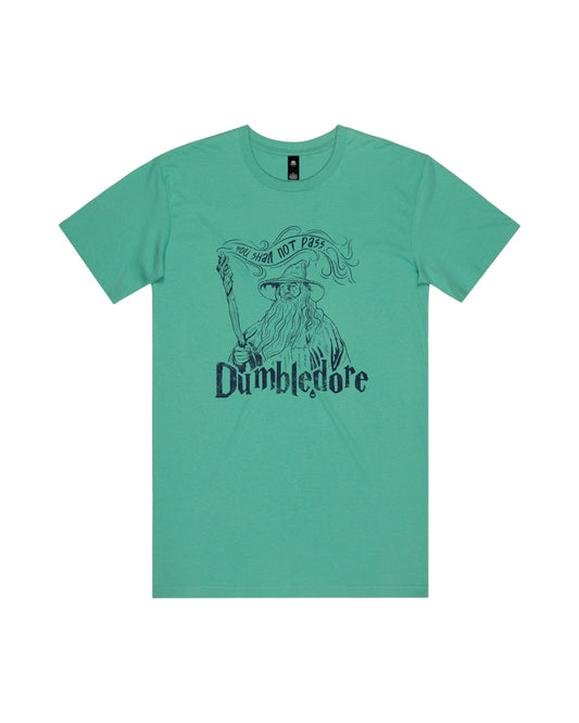 Blink Supply Co. green cotton t-shirt with a Dumbledore graphic print and the text "You Shall Not Pass".