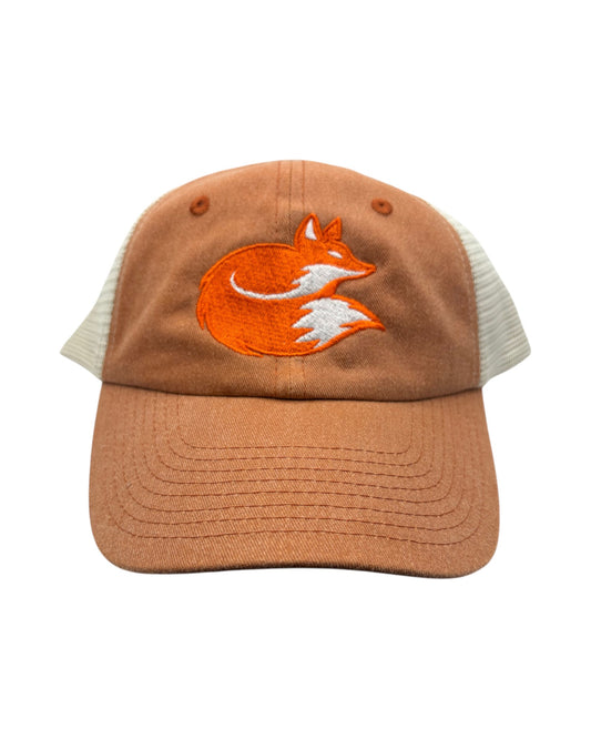 Blink Supply Co. Texas orange and stone trucker cap with a sitting fox embroidery, six-panel low-profile snapback.