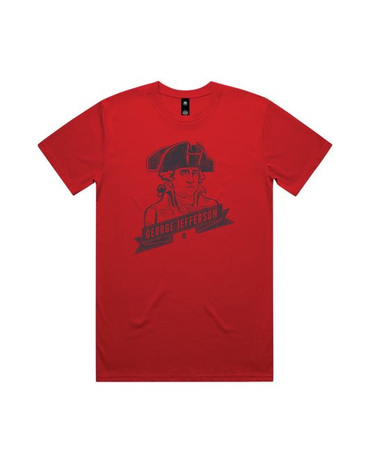 Blink Supply Co. red cotton t-shirt with a vintage-style graphic of George Jefferson and his name on a banner.