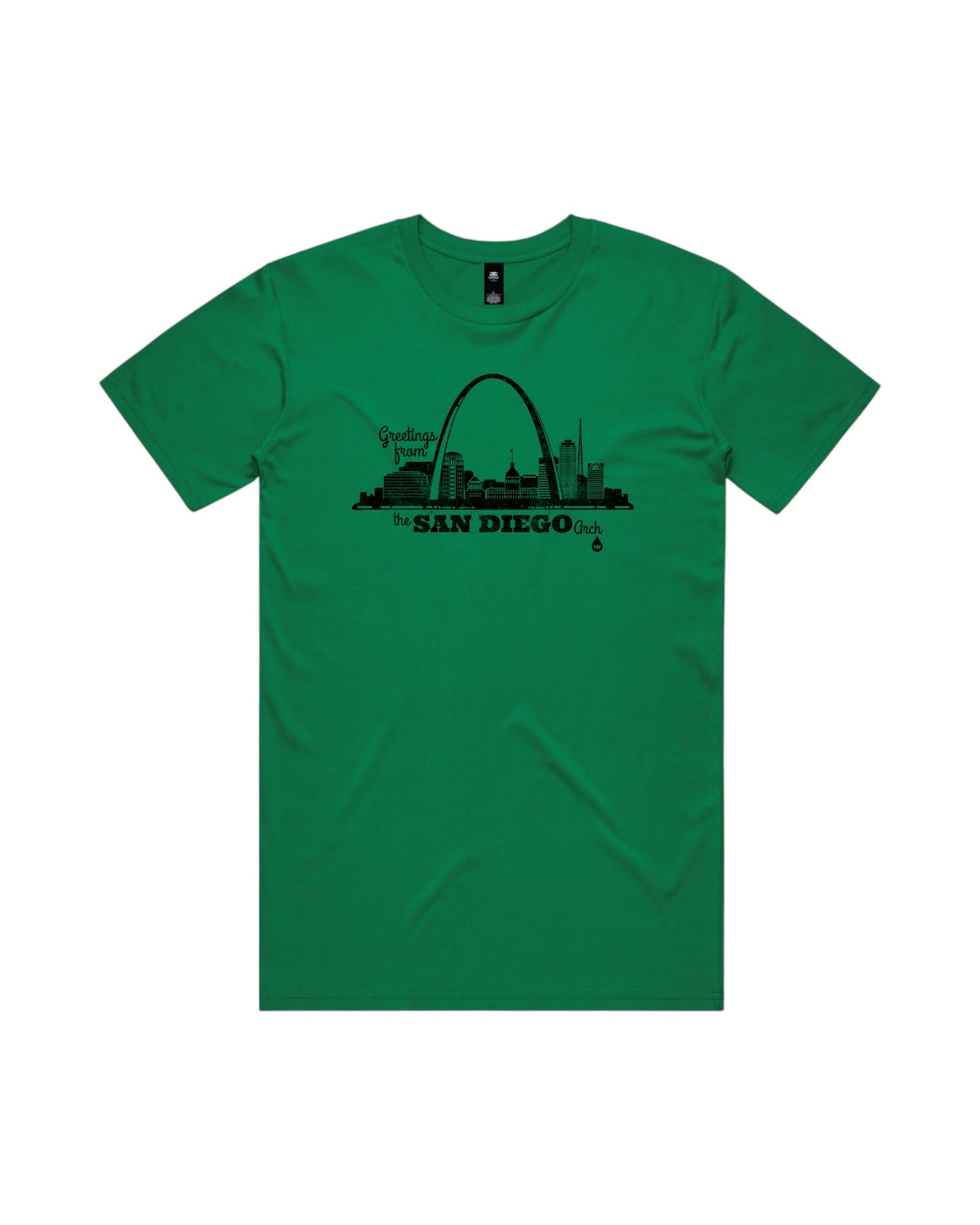 Blink Supply Co. green cotton t-shirt with a black graphic print of the San Diego Arch skyline and text.