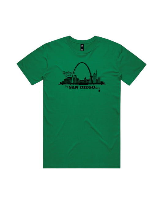 Blink Supply Co. green cotton t-shirt with a black graphic print of the San Diego Arch skyline and text.