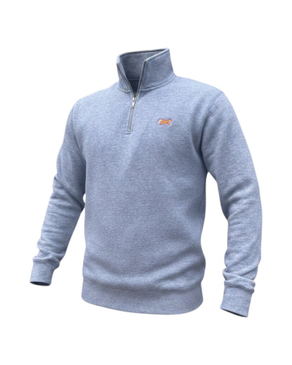 Blink Supply Co grey cotton quarter zip sweatshirt with embroidered running fox logo on chest.