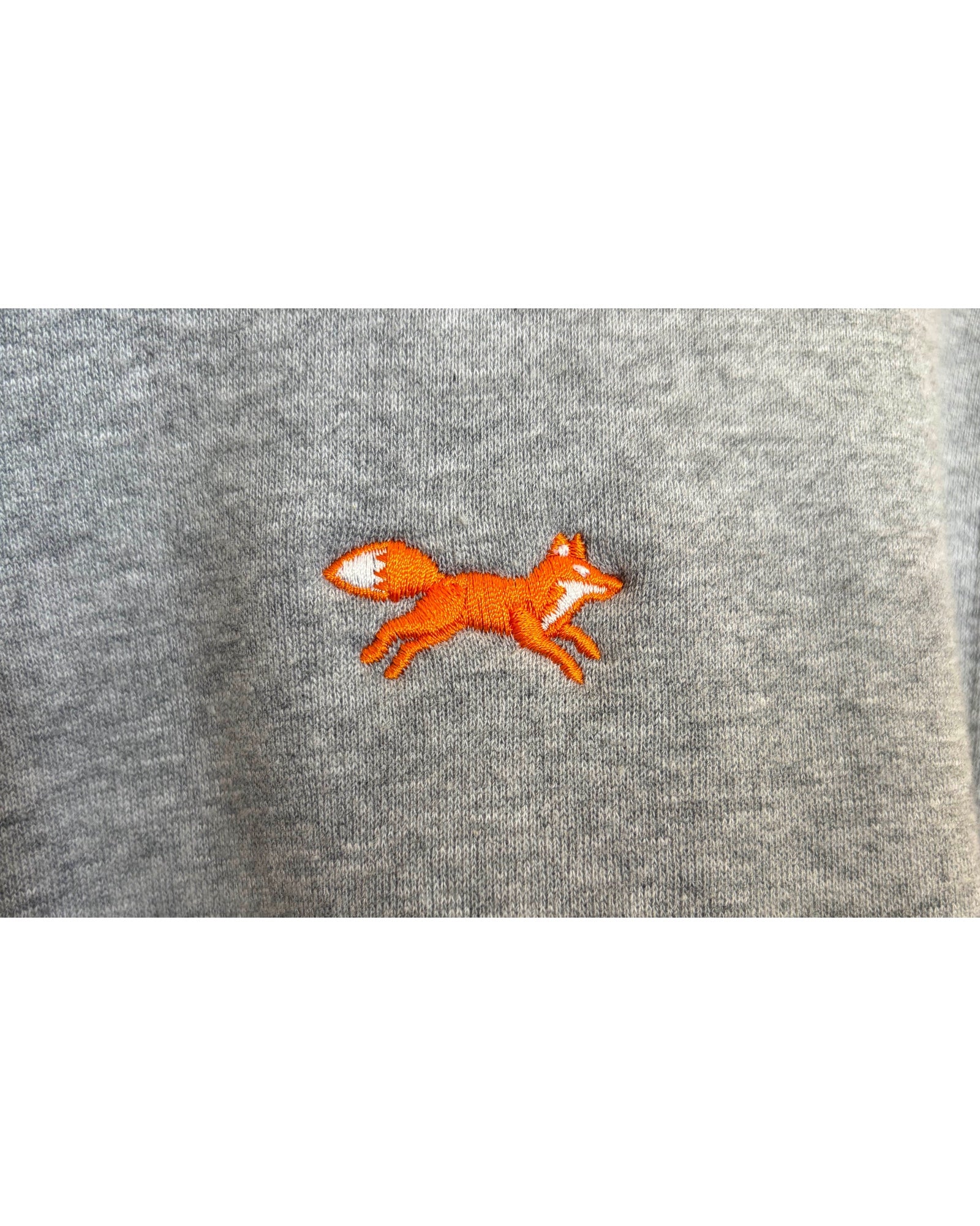 Blink Supply Co grey quarter zip sweatshirt with embroidered orange running fox detail.