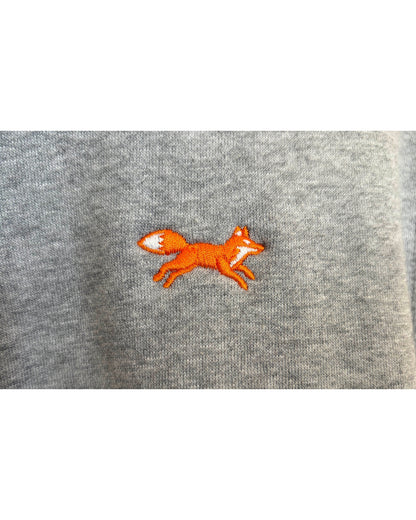 Blink Supply Co grey quarter zip sweatshirt with embroidered orange running fox detail.