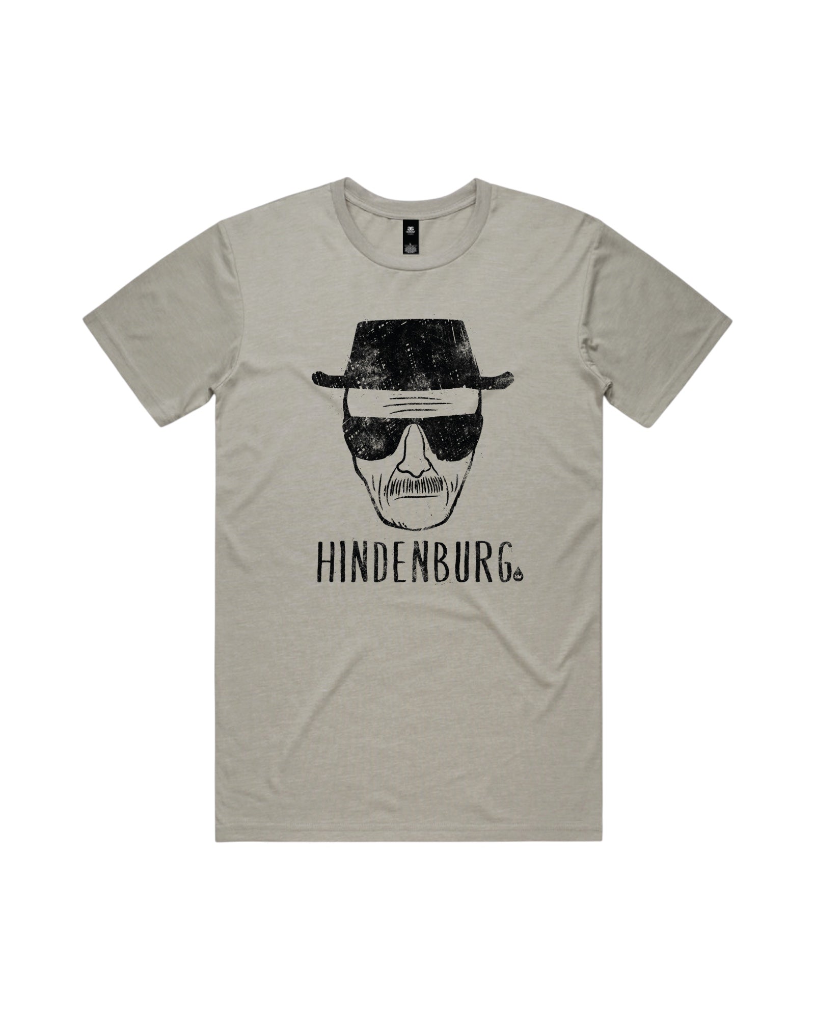 Blink Supply Co. light grey cotton t-shirt with a distressed black graphic of a man wearing a hat and sunglasses, with the word HINDENBURG below.