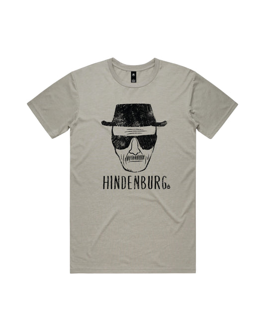 Blink Supply Co. light grey cotton t-shirt with a distressed black graphic of a man wearing a hat and sunglasses, with the word HINDENBURG below.
