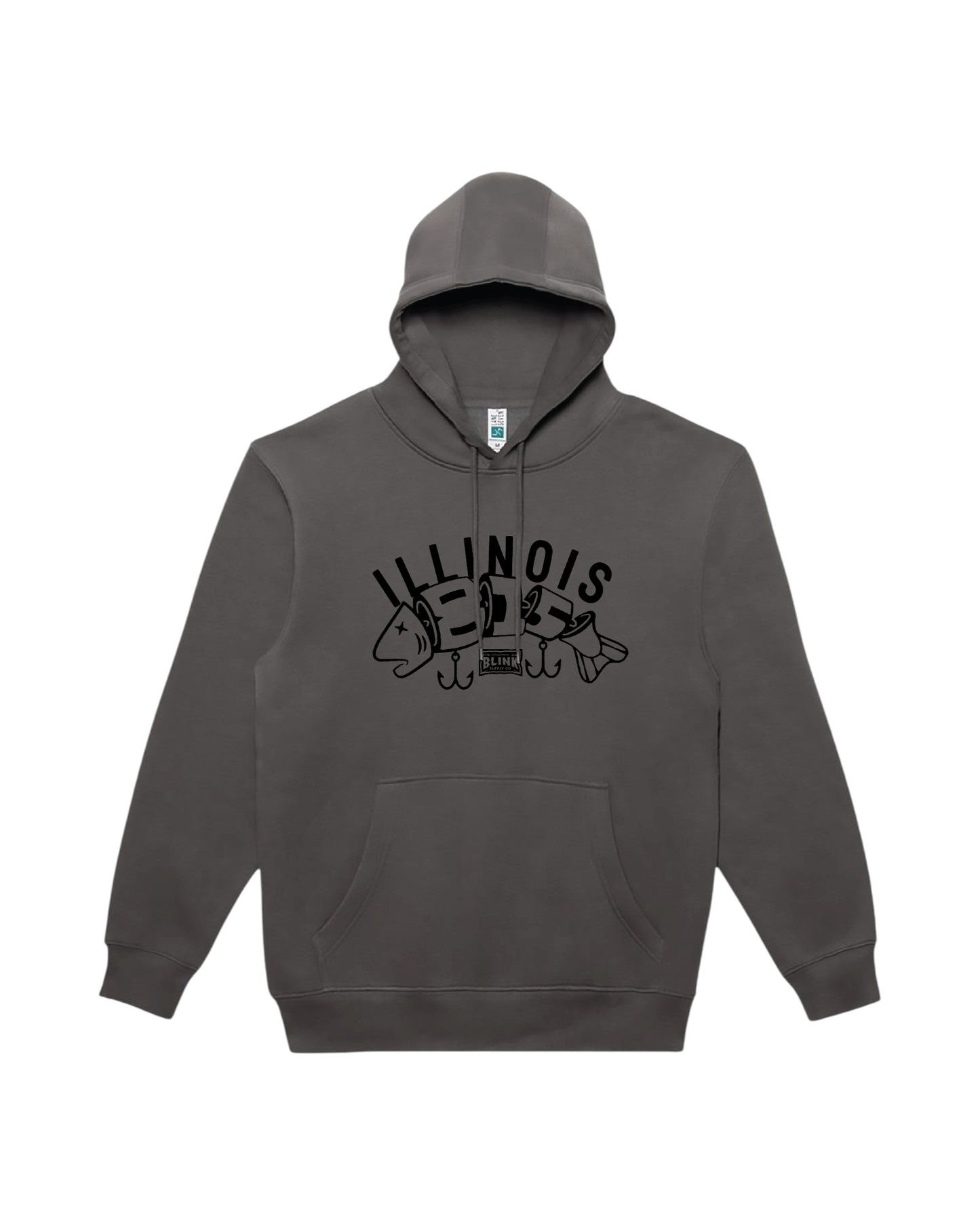 Blink Supply Co. charcoal grey cotton hoodie with "ILLINOIS" text and fishing lure graphic.