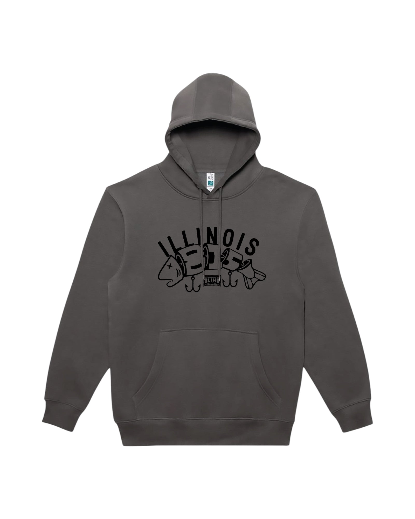 Blink Supply Co. charcoal grey cotton hoodie with "ILLINOIS" text and fishing lure graphic.