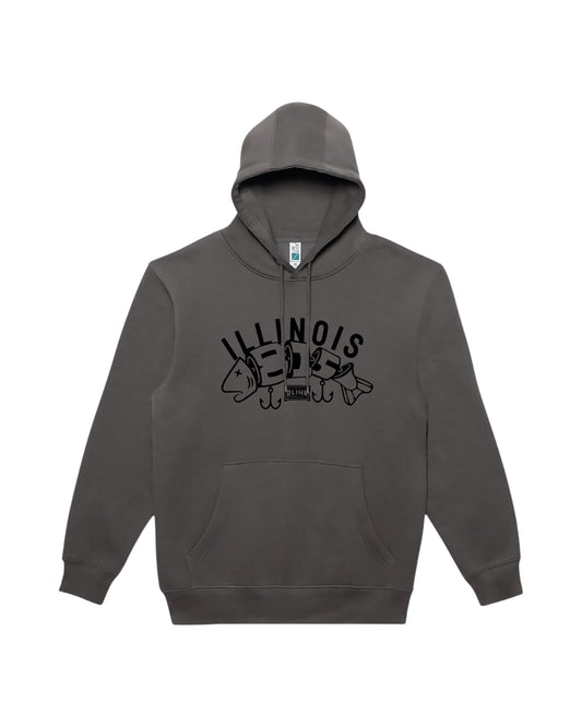 Blink Supply Co. charcoal grey cotton hoodie with "ILLINOIS" text and fishing lure graphic.