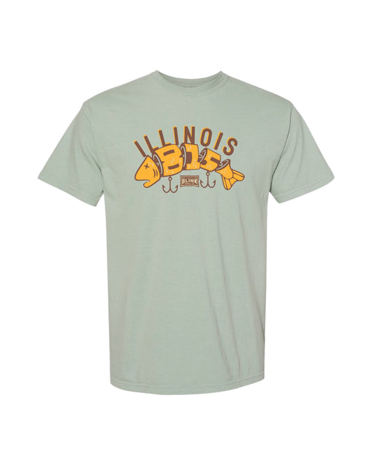 Blink Supply Co. bay green 100% cotton t-shirt with a vintage-style graphic of a fishing lure and the word ILLINOIS.
