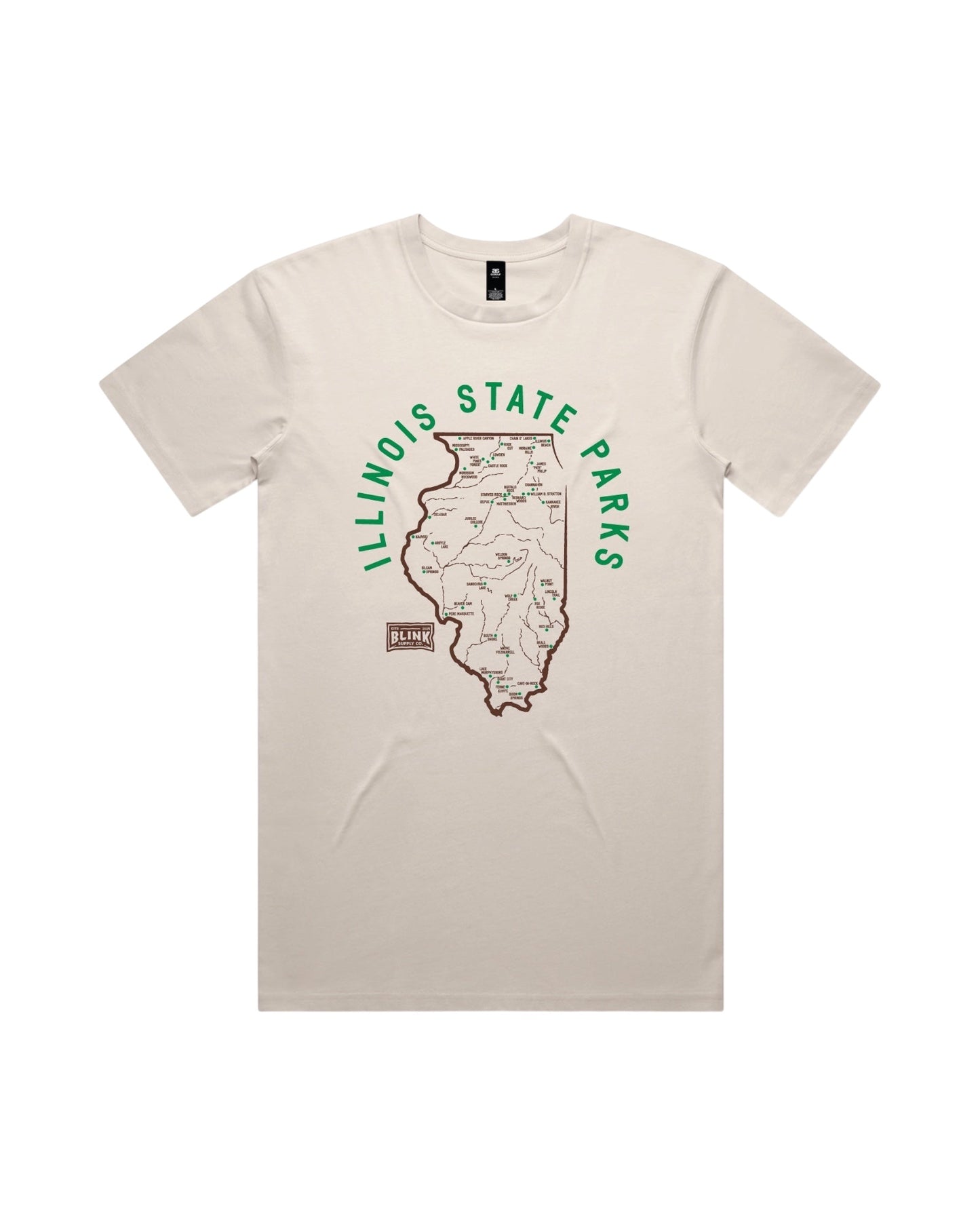 Blink Supply Co. bone cotton t-shirt with Illinois State Parks map graphic and soft-hand ink print.