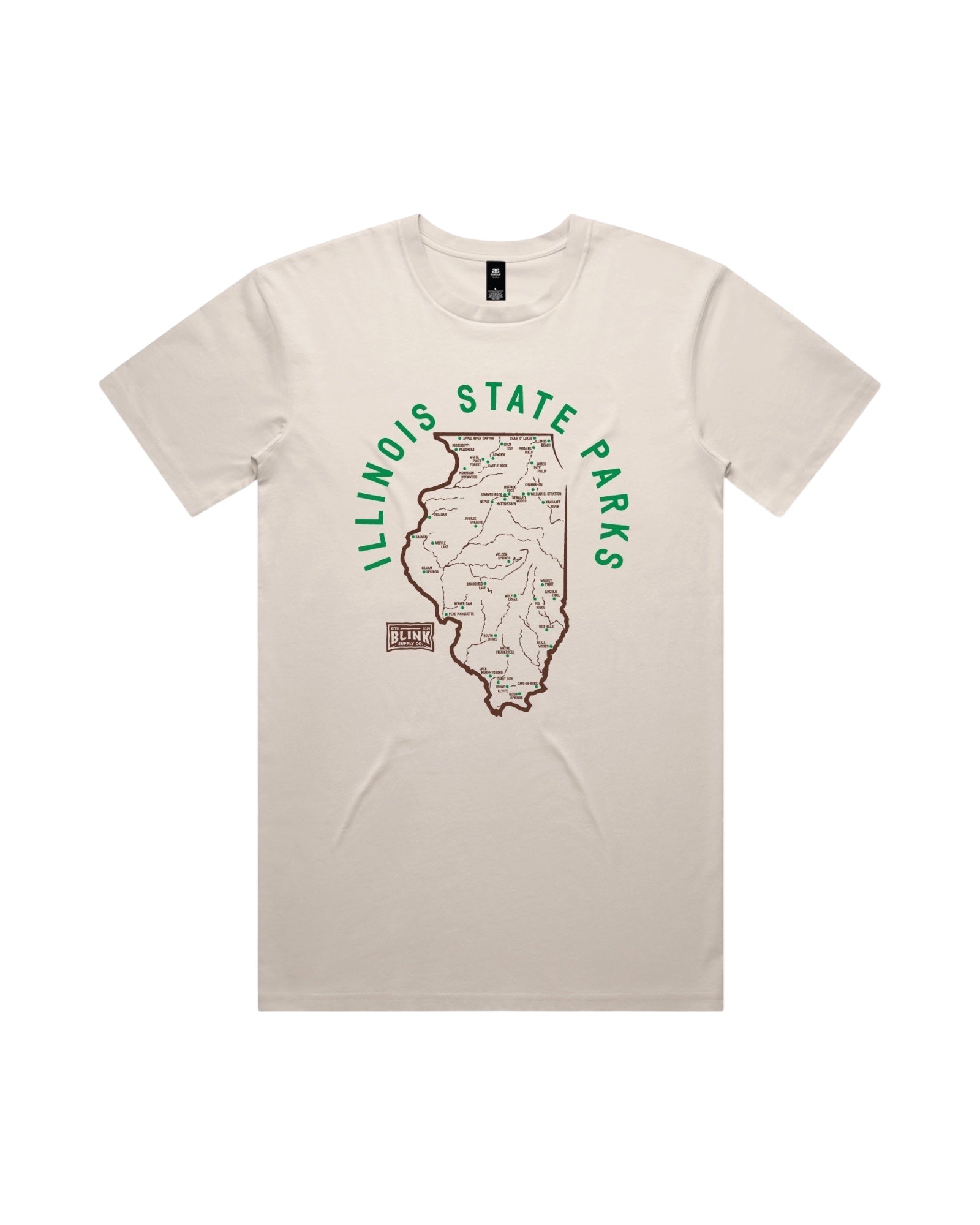 Blink Supply Co. bone cotton t-shirt with Illinois State Parks map graphic and soft-hand ink print.
