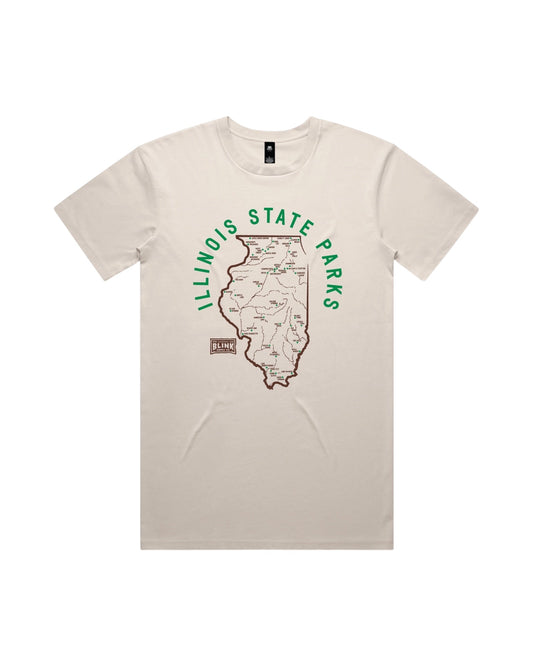 Blink Supply Co. bone cotton t-shirt with Illinois State Parks map graphic and soft-hand ink print.