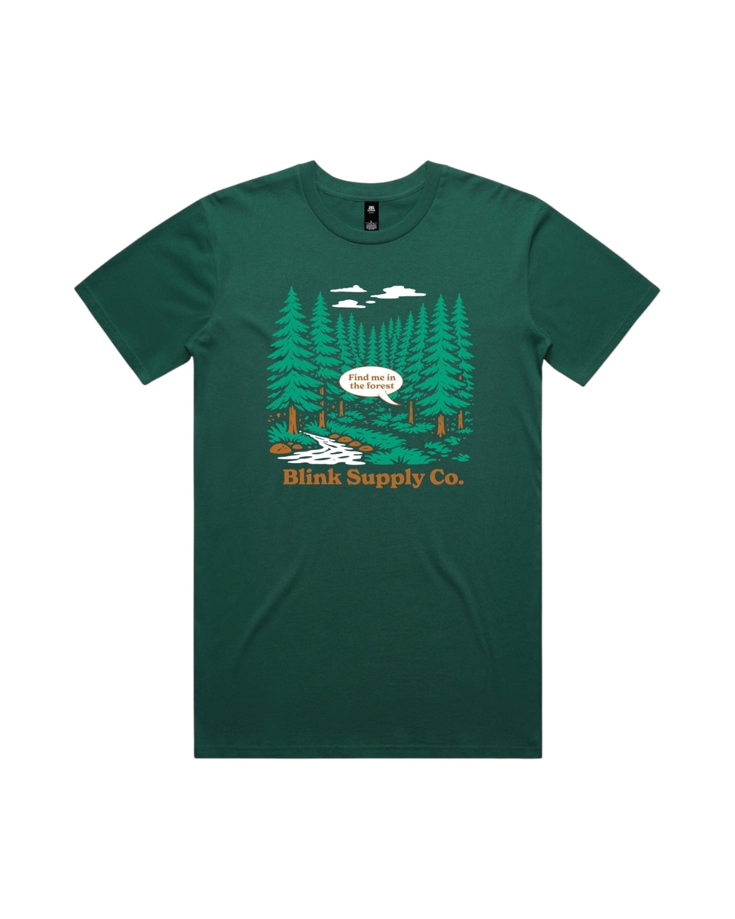 Blink Supply Co. jade green cotton t-shirt with a forest graphic and the text "Find me in the forest".