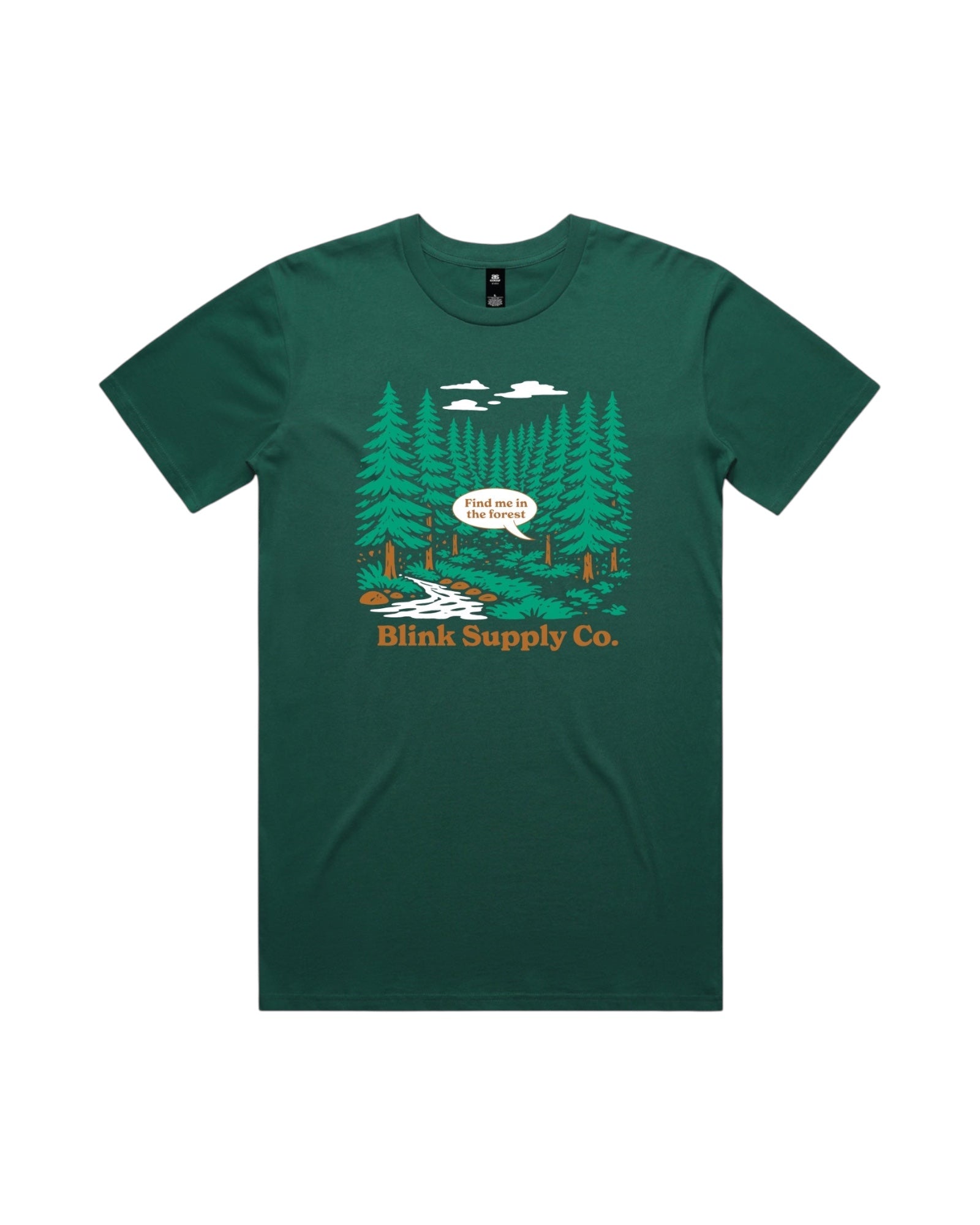 Blink Supply Co. jade green cotton t-shirt with a forest graphic and the text "Find me in the forest".