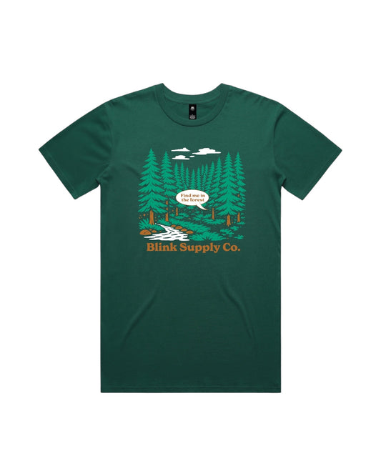 Blink Supply Co. jade green cotton t-shirt with a forest graphic and the text "Find me in the forest".