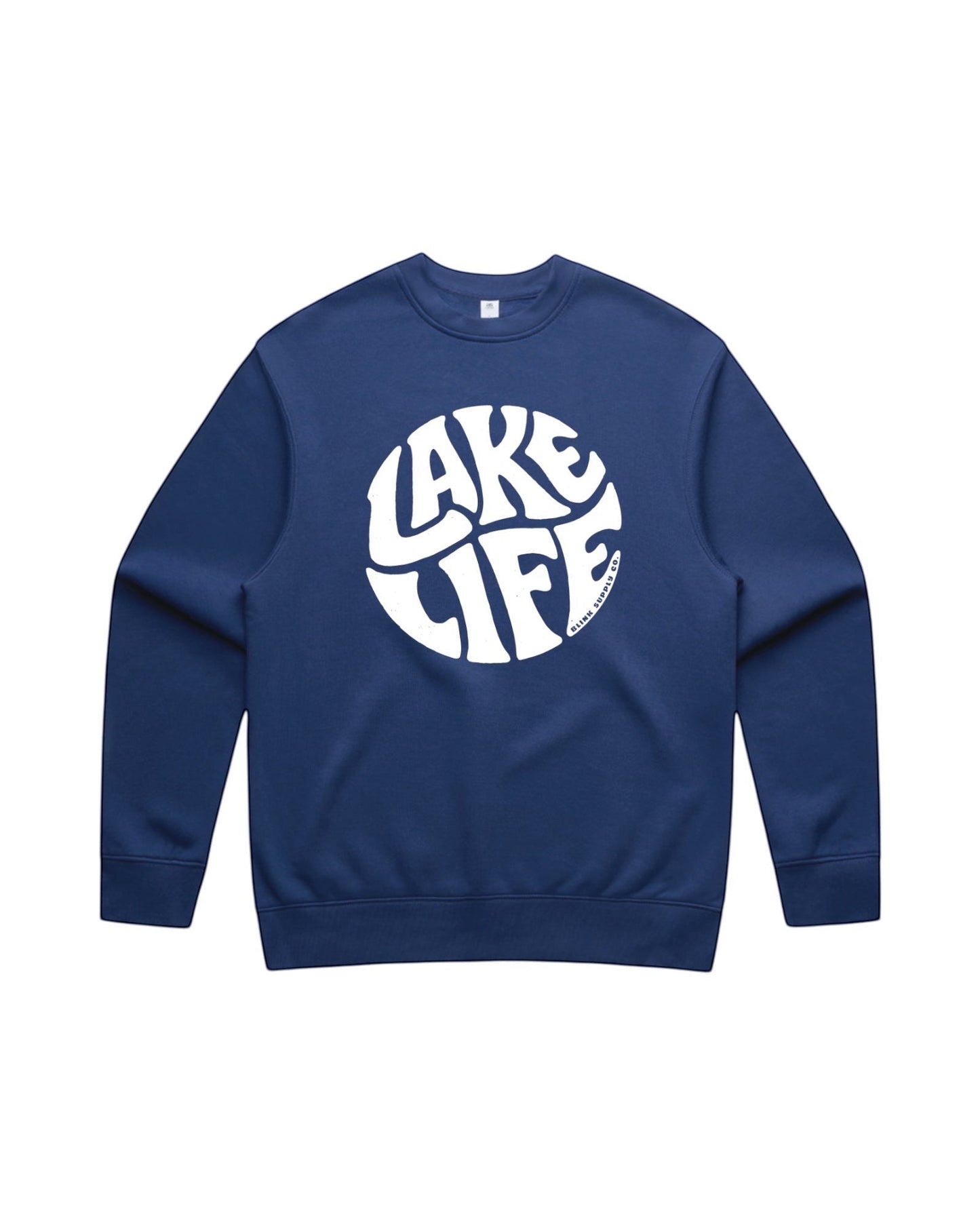 Blink Supply Co navy blue crewneck sweatshirt with white "Lake Life" graphic print on chest.