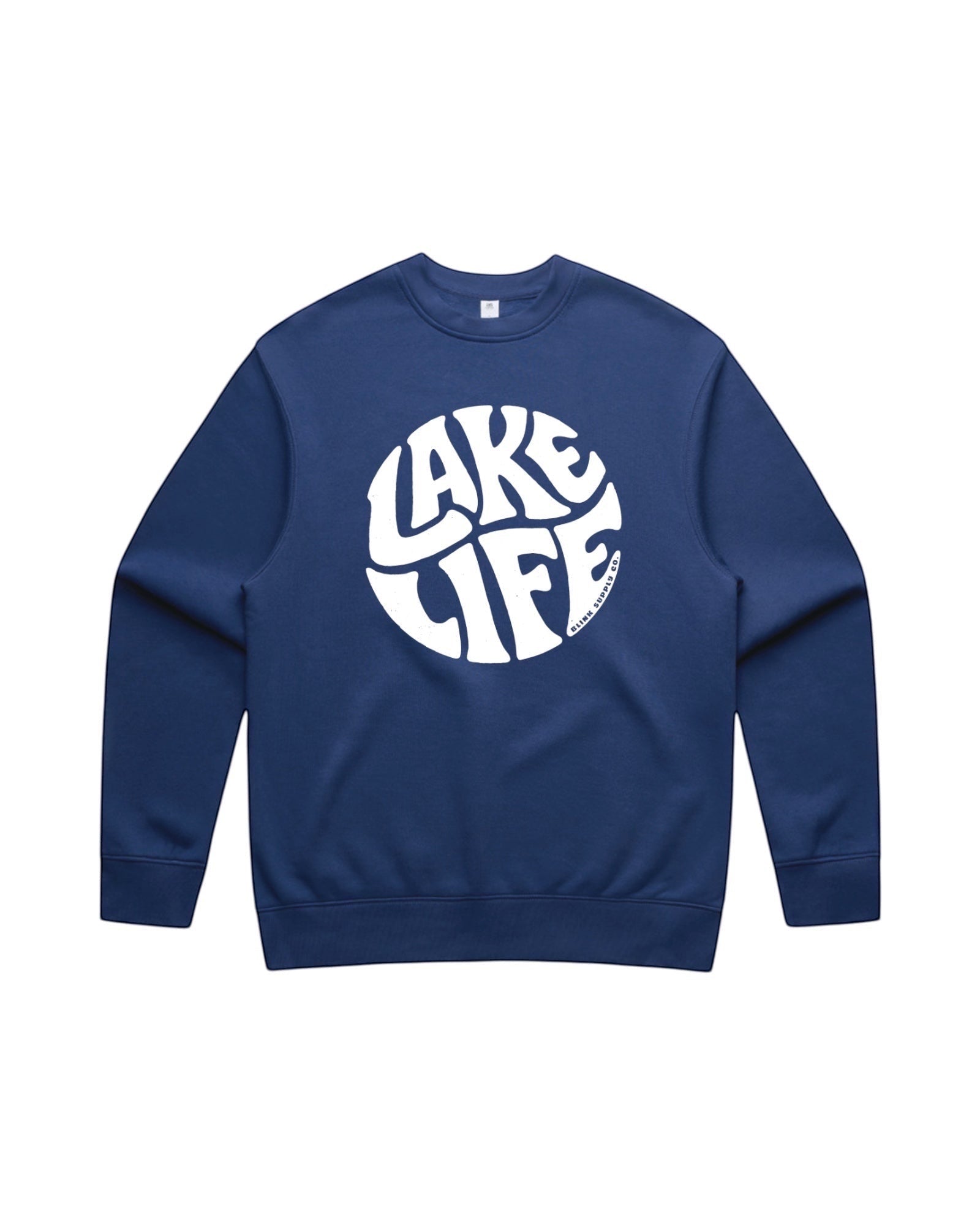 Blink Supply Co navy blue crewneck sweatshirt with white "Lake Life" graphic print on chest.