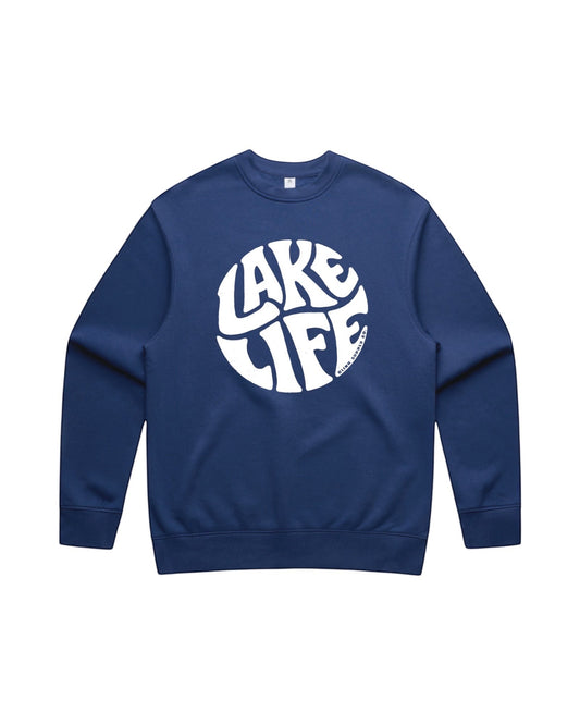 Blink Supply Co navy blue crewneck sweatshirt with white "Lake Life" graphic print on chest.