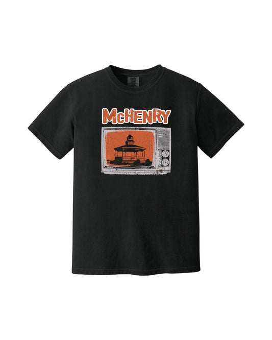 Blink Supply Co. black heavyweight cotton t-shirt with vintage TV graphic featuring McHenry gazebo and text.