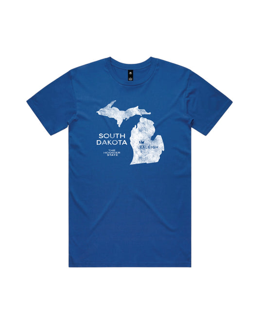 Blink Supply Co. royal blue cotton t-shirt with white distressed graphic of Michigan map and text "South Dakota The Hoosier State Raleigh"